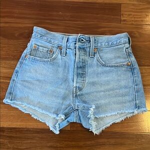 Levi's Blue Jean Shorts with High-Waisted Design and Frayed Hem